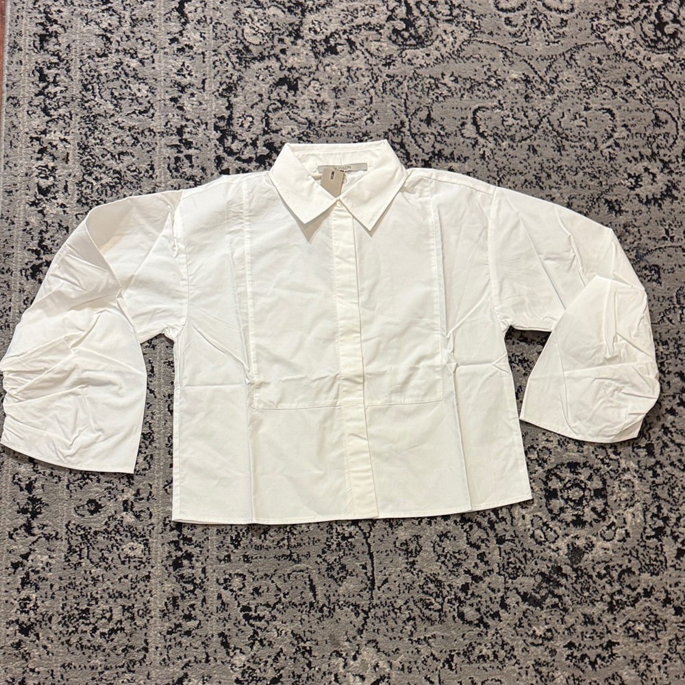 White poplin Button-Up Shirt with ruched sleeves